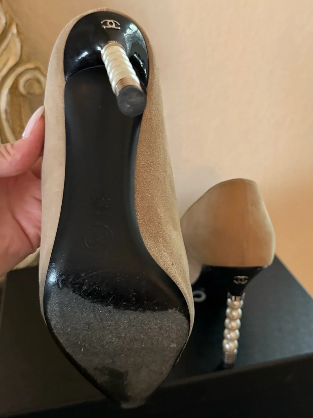 CHANEL Beige Suede Pumps with Black Patent Cap Toe and Pearl-Stack Heels